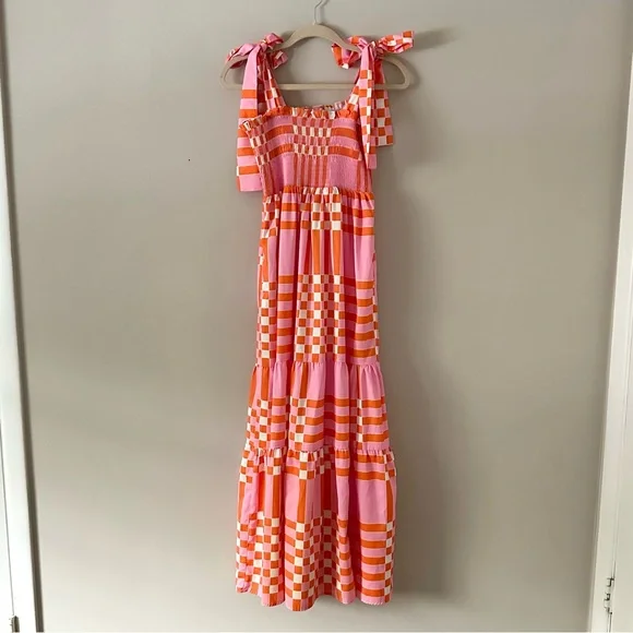Pink & Orange Patchwork Maxi Dress Tie Strap Summer Dress Beach Vacation Dress - Picture 7 of 8